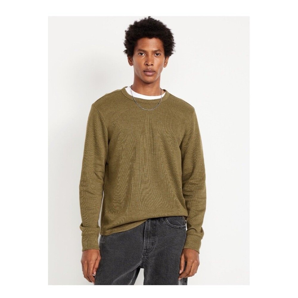 Men's Green Long Sleeve Round Neck French Sweater Like Rib T-Shirt Size XL